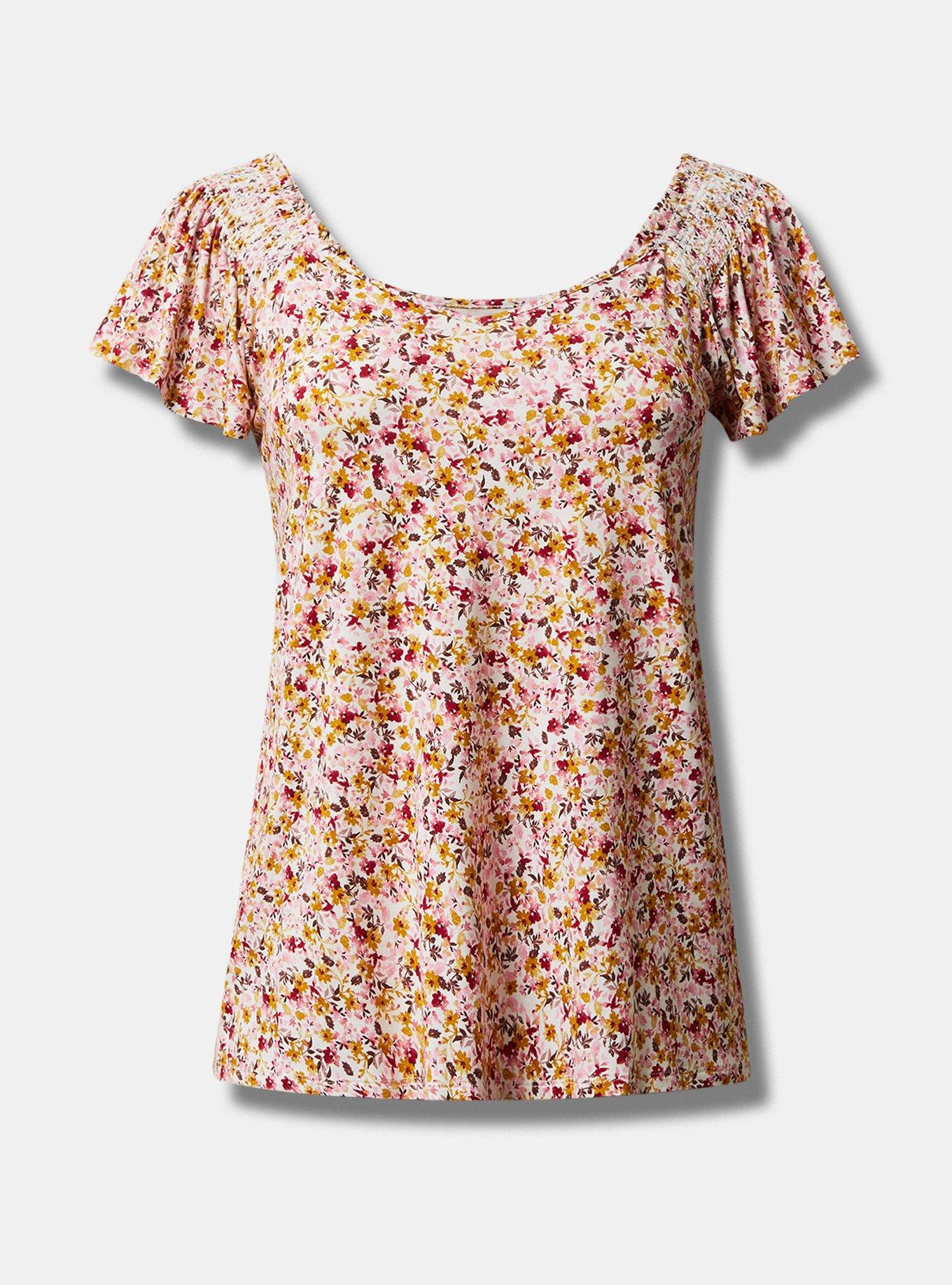 Super Soft Smocked Flutter Sleeve Top, FLORAL, hi-res