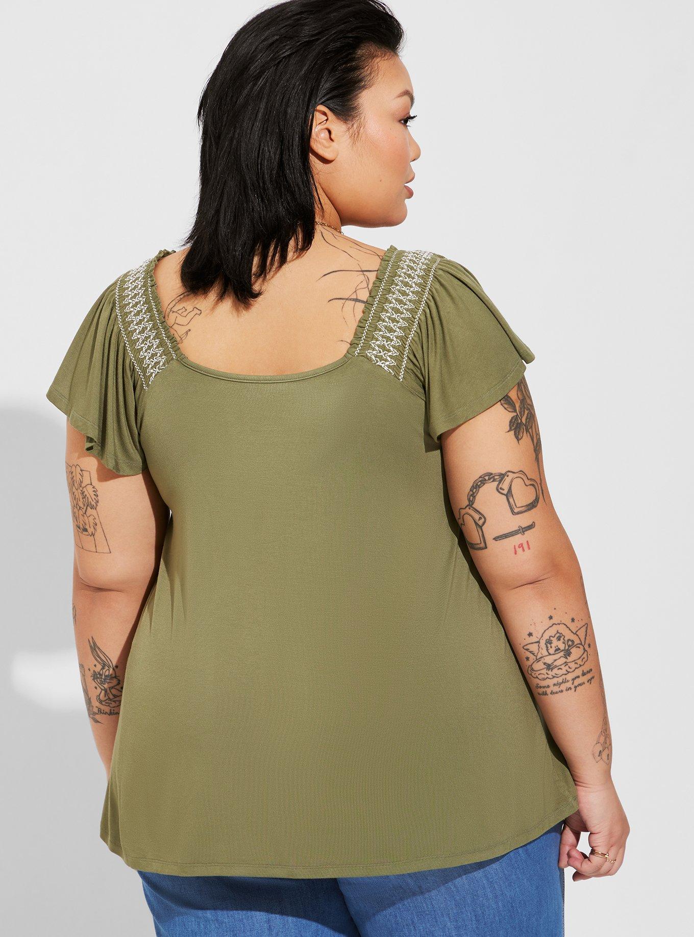 Super Soft Smocked Flutter Sleeve Top, OLIVINE, alternate