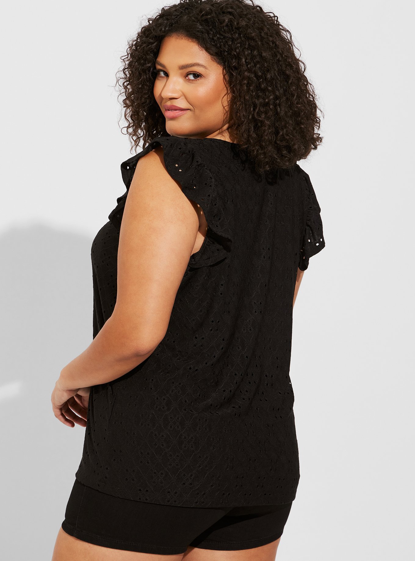 Plus Size - Eyelet Jersey Crew Neck Ruffle Top - Torrid