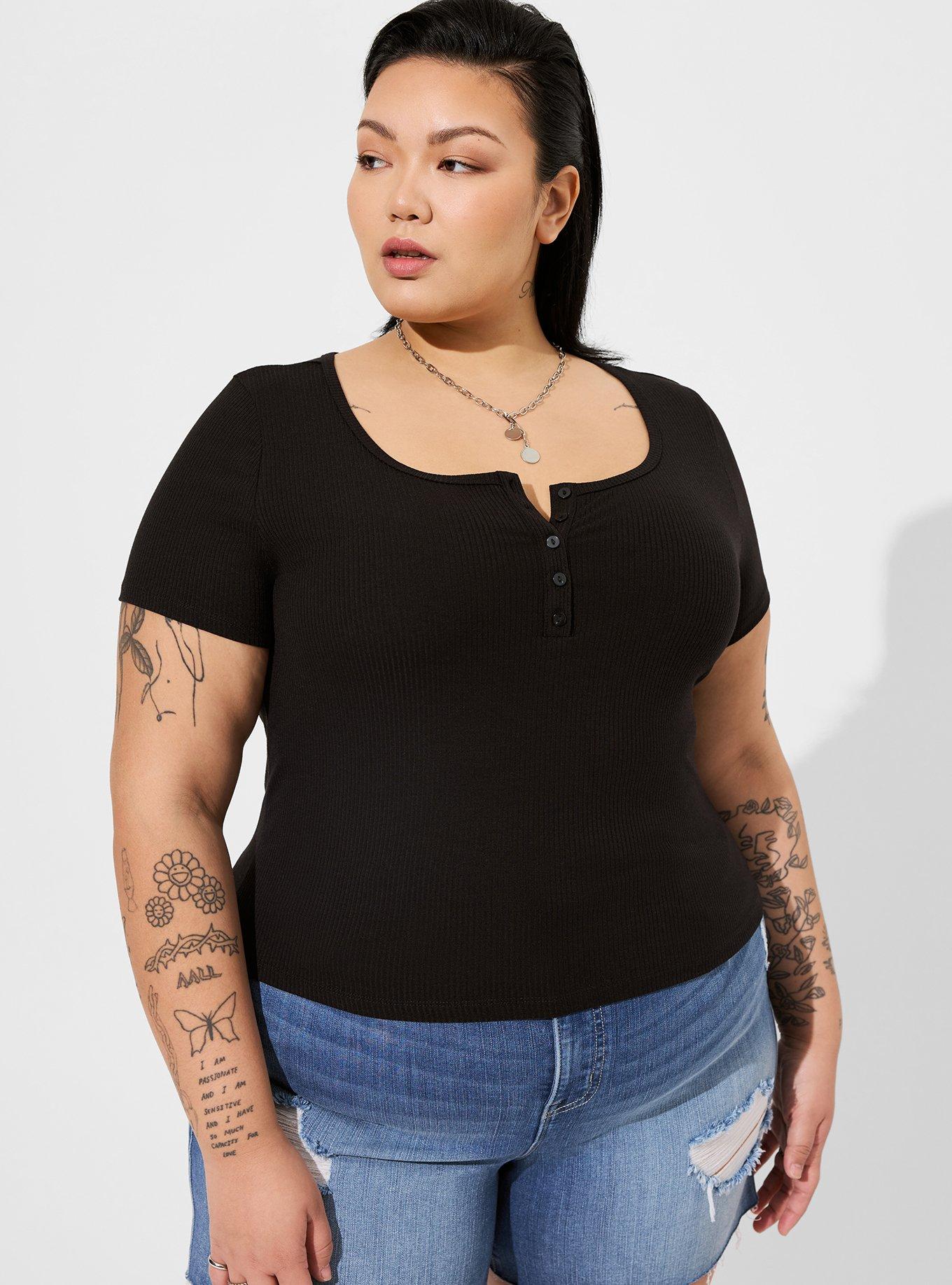 Plus Size - Fitted Super Soft Rib Scoop Neck Henley Baby Tee - Torrid