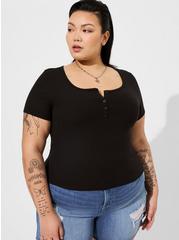 Plus Size Fitted Super Soft Rib Scoop Neck Henley Baby Tee, DEEP BLACK, hi-res