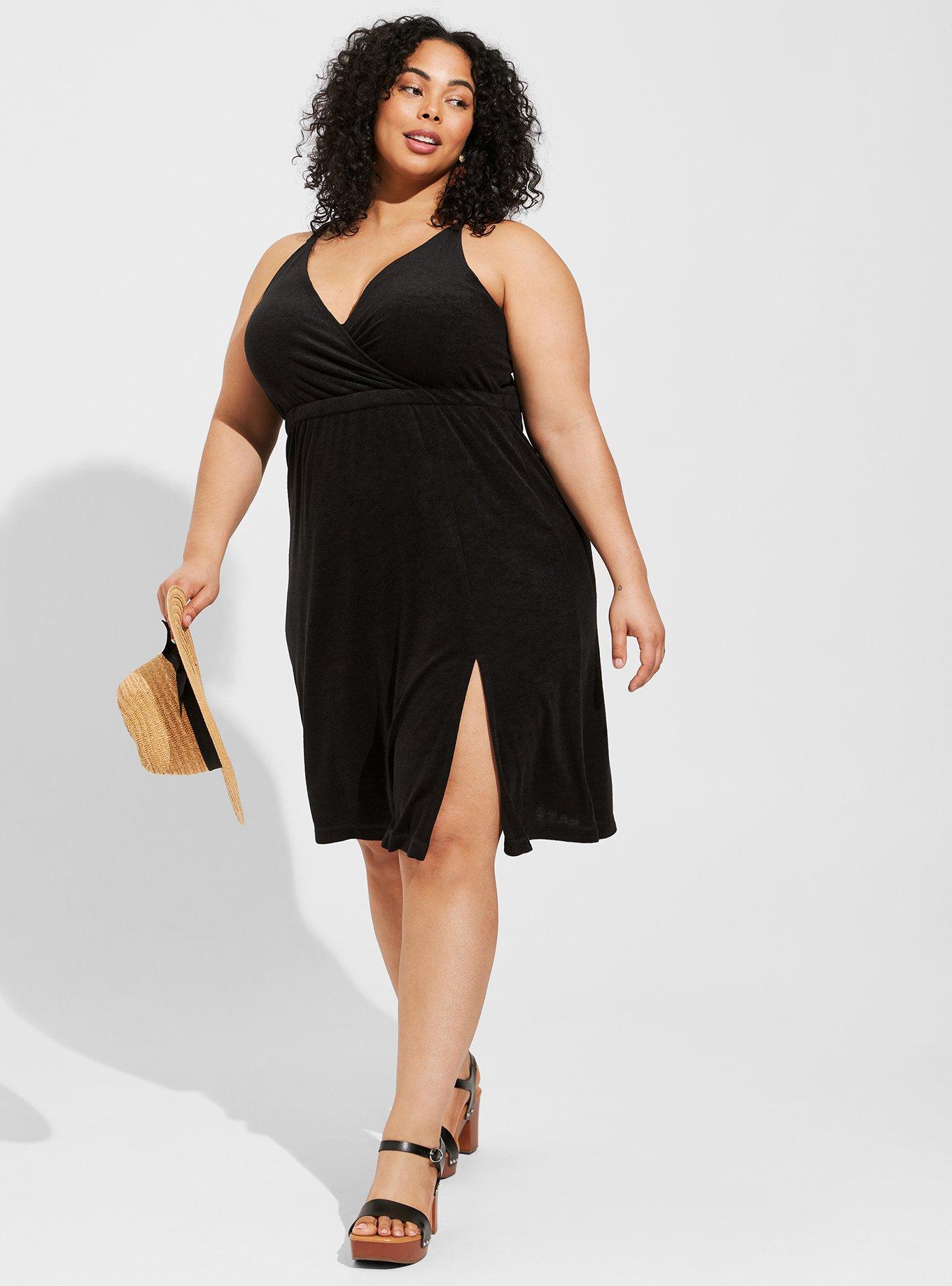 Plus Size Midi Terry Cloth Wrap Beach Dress, DEEP BLACK, alternate