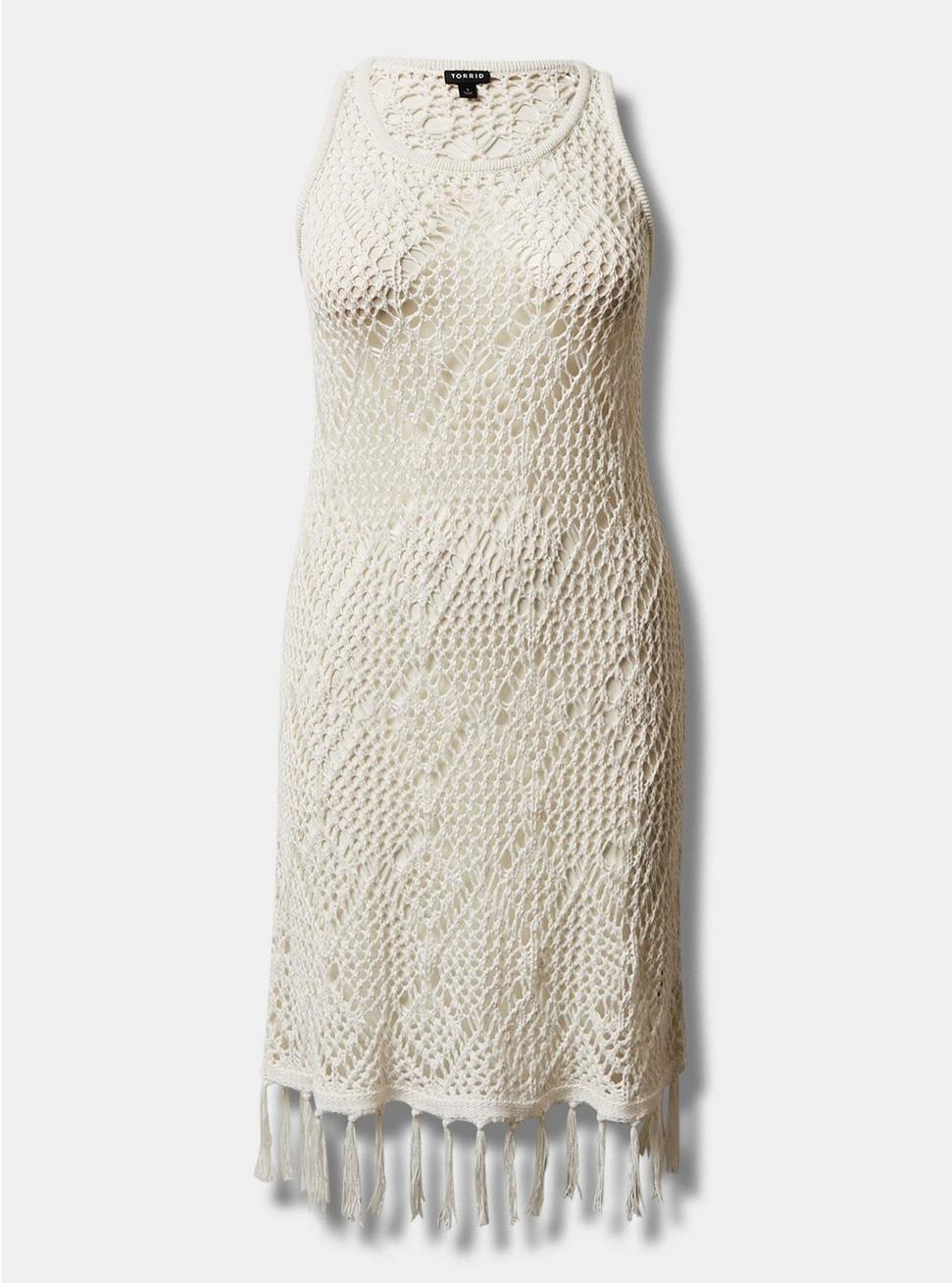 Mini Crochet Fringe Tank Beach Dress, IVORY, hi-res