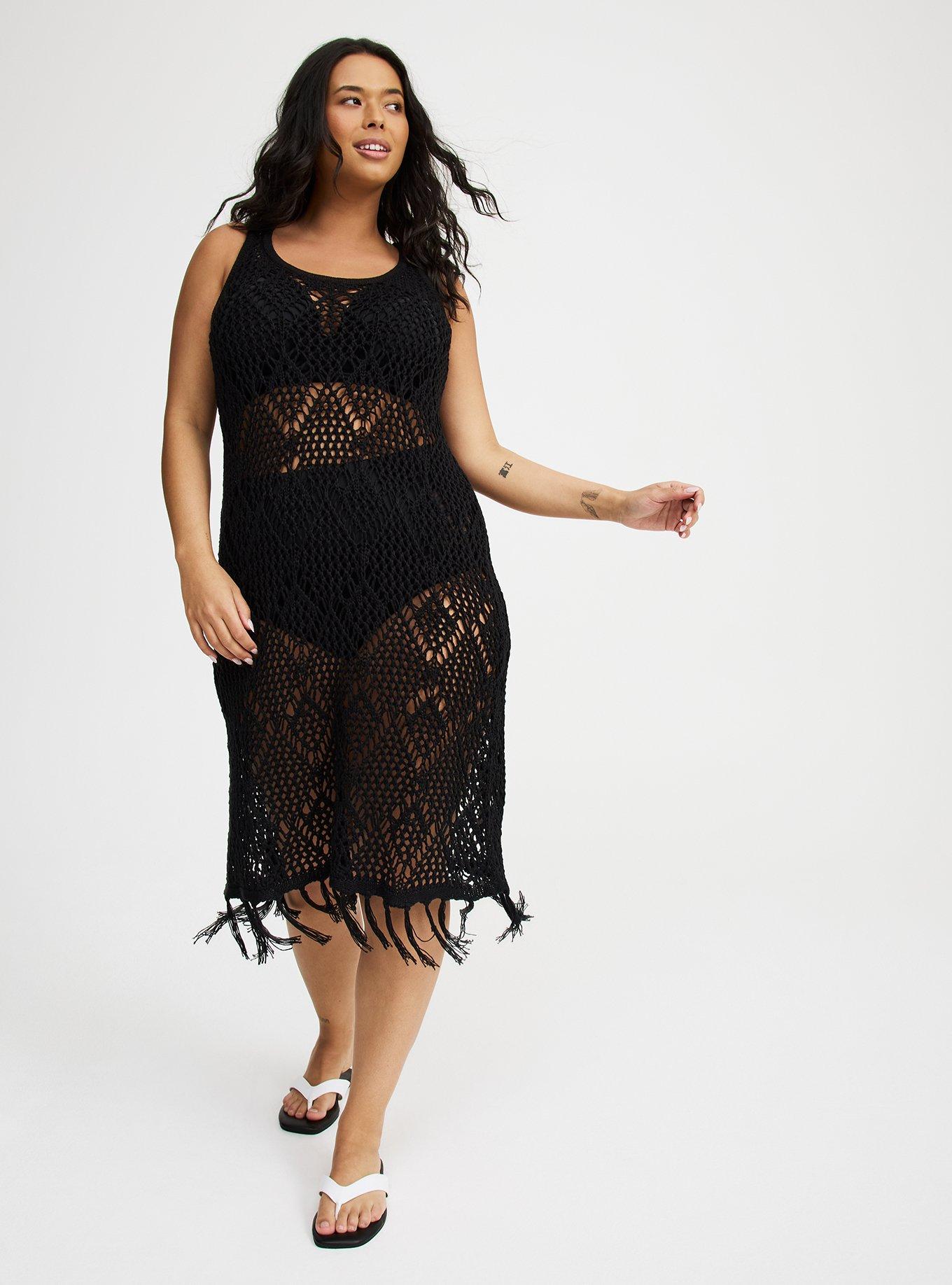 Mini Crochet Fringe Tank Beach Dress, DEEP BLACK, alternate