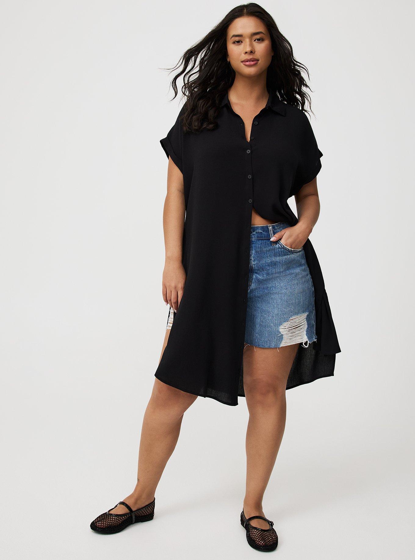 Washable Crinkle Gauze Drop Shoulder Short Sleeve Button Up Tunic