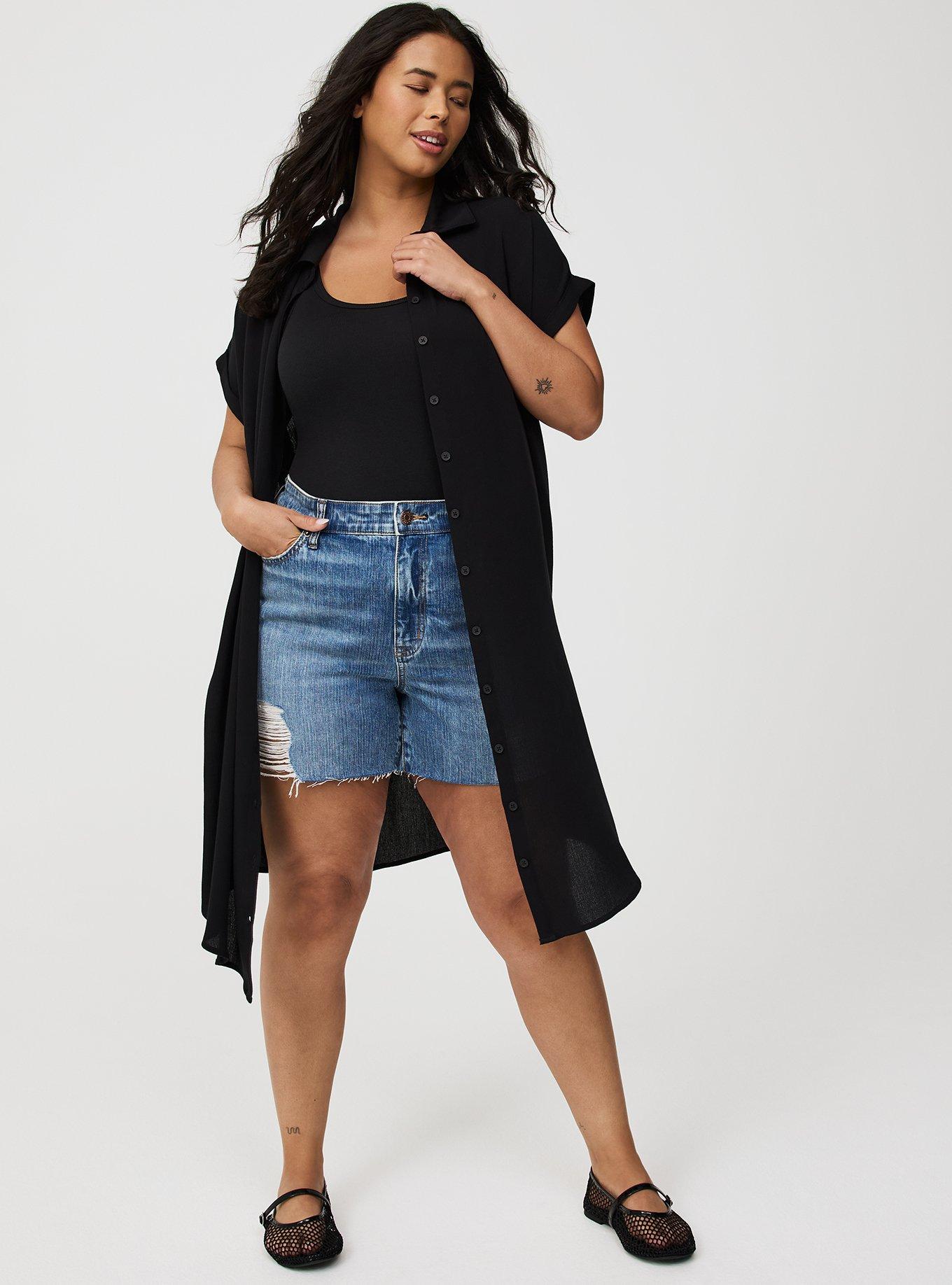 Washable Crinkle Gauze Drop Shoulder Short Sleeve Button Up Tunic