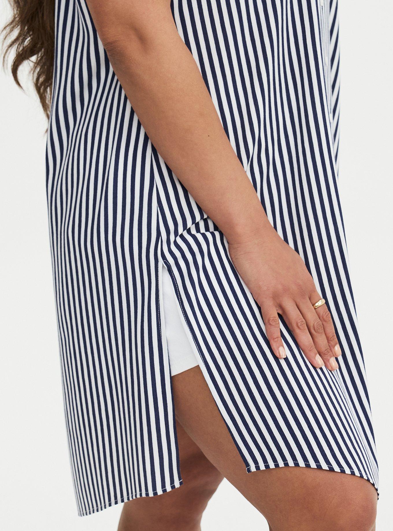 Drop Shoulder Short Sleeve Button Up Tunic, PEACOAT STRIPE, alternate