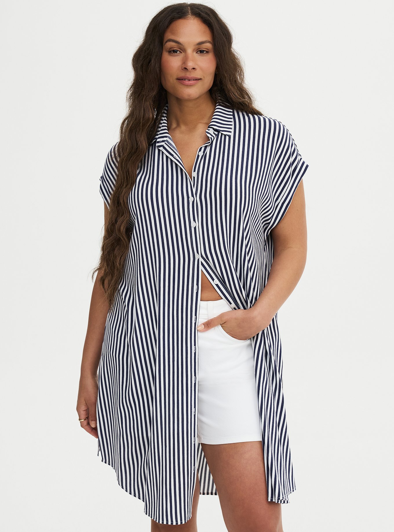 Plus Size - Drop Shoulder Short Sleeve Button Up Tunic - Torrid