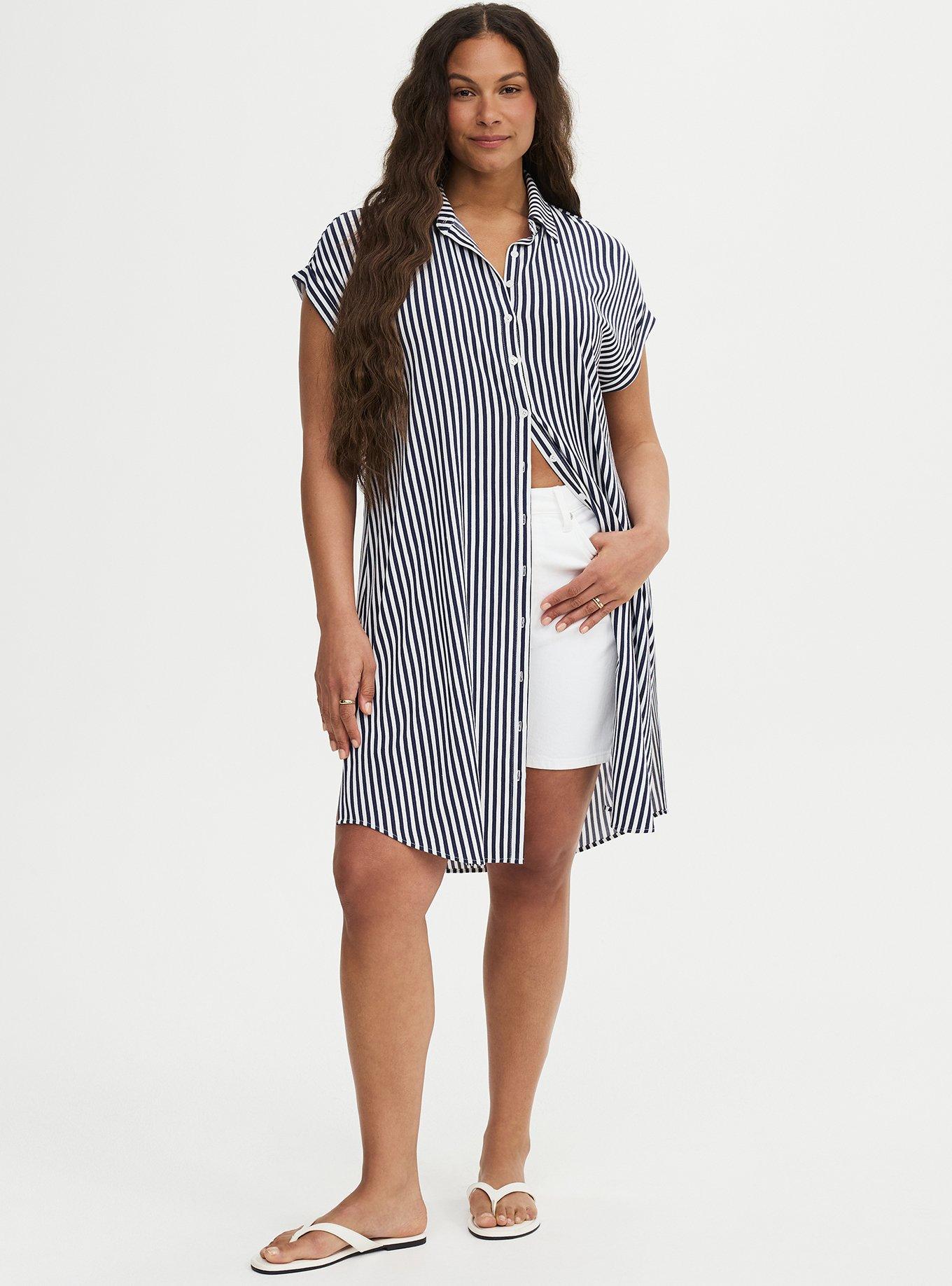 Drop Shoulder Short Sleeve Button Up Tunic, PEACOAT STRIPE, hi-res