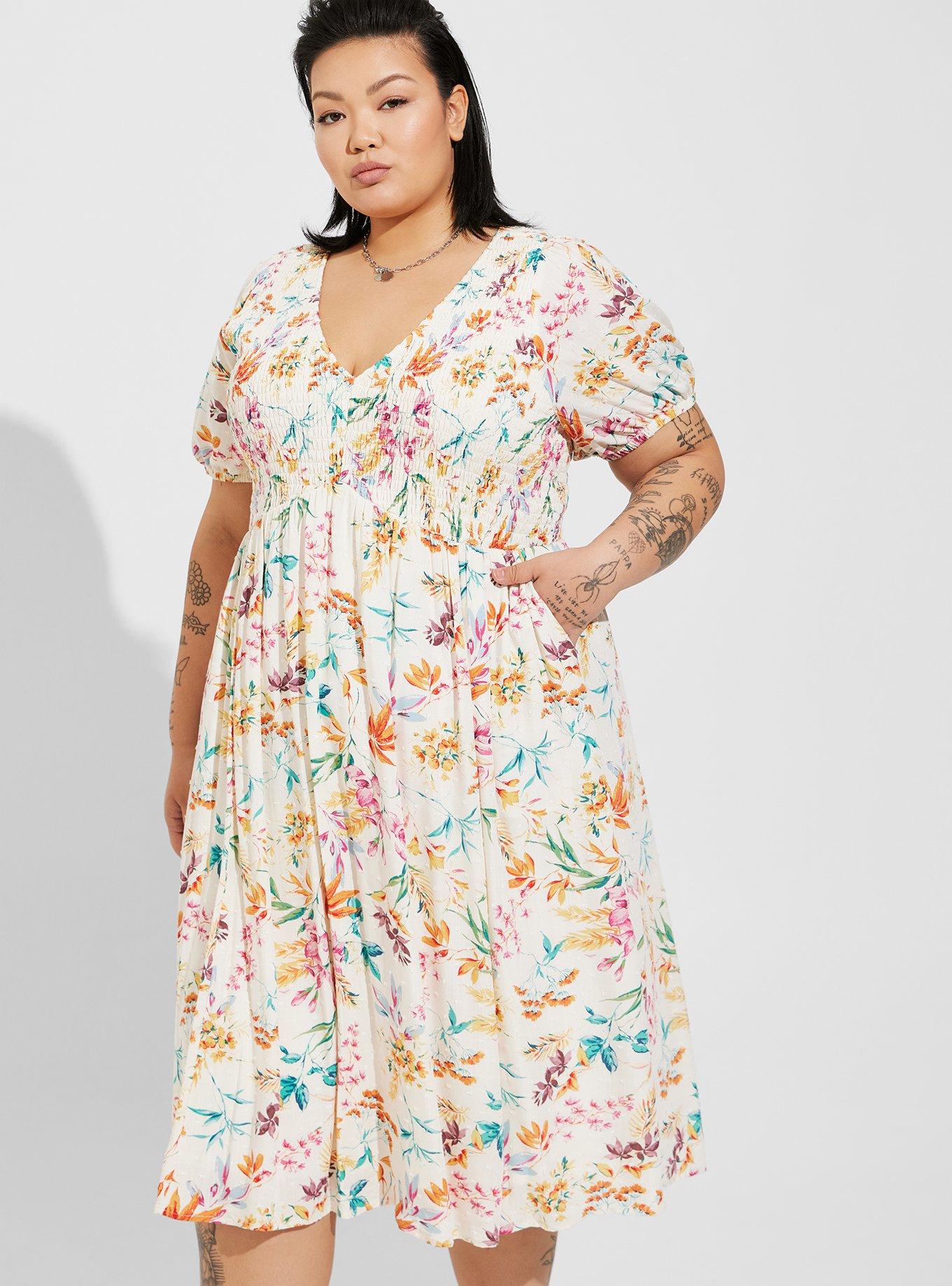 Plus Size - Midi Swiss Dot Shirred Dress - Torrid