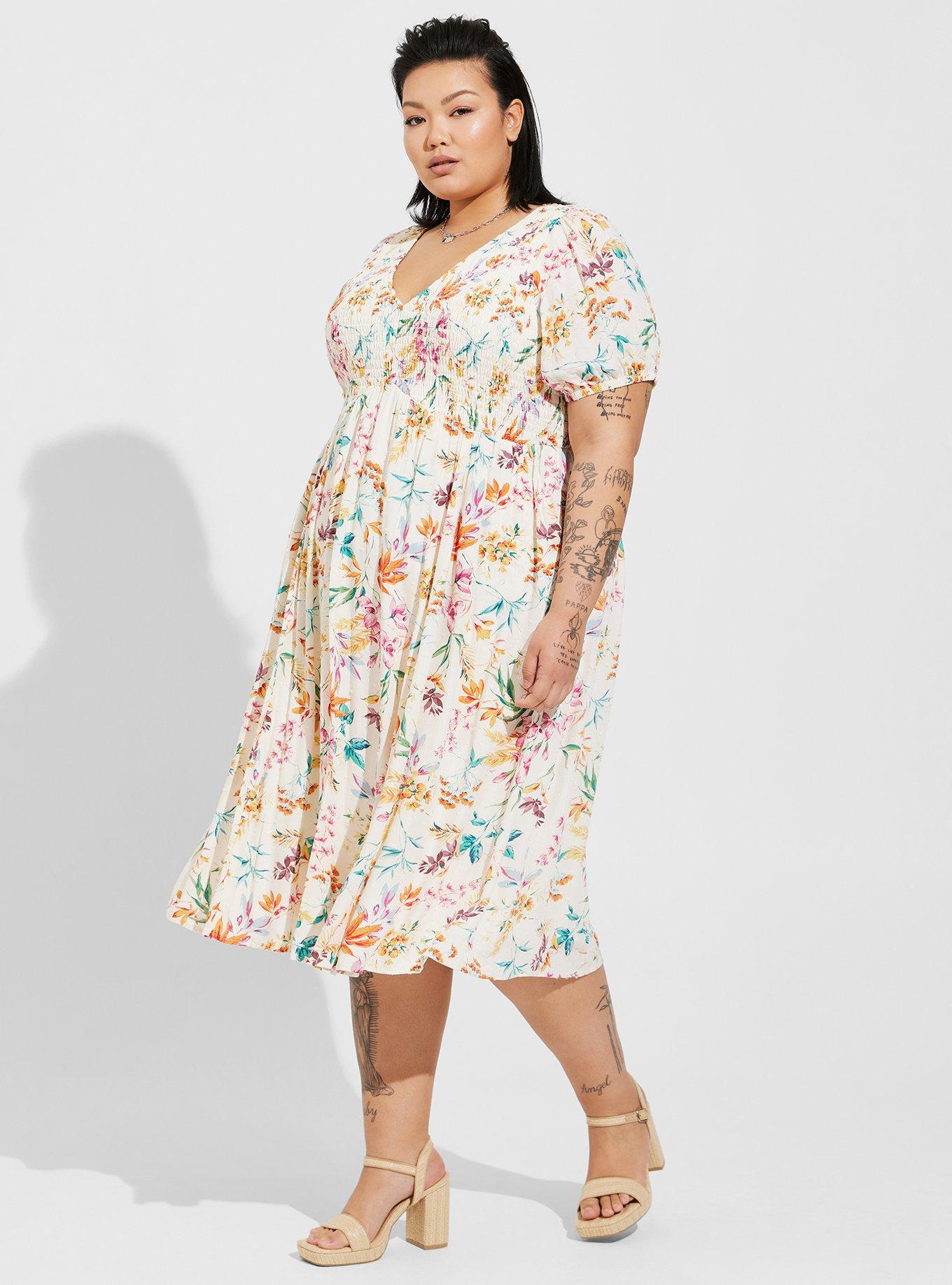 Plus Size - Midi Swiss Dot Shirred Dress - Torrid