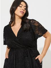 Plus Size Mini Lace Wrap Dress, DEEP BLACK, alternate