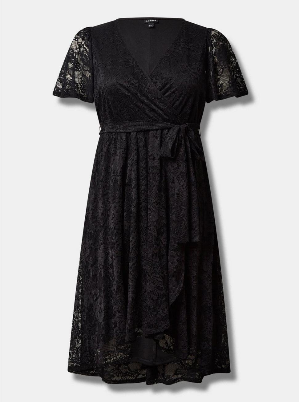 Plus Size Mini Lace Wrap Dress, DEEP BLACK, hi-res