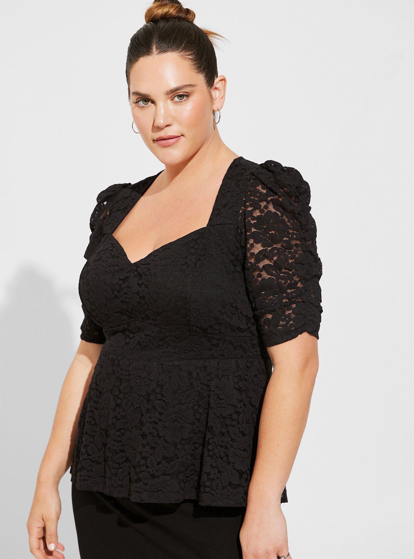 Plus Size Stretch Lace Cinched Elbow Sleeve Peplum Top Torrid