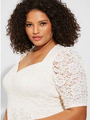 Stretch Lace Cinched Elbow Sleeve Peplum Top, PRISTINE, alternate