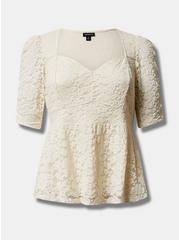 Stretch Lace Cinched Elbow Sleeve Peplum Top, PRISTINE, hi-res