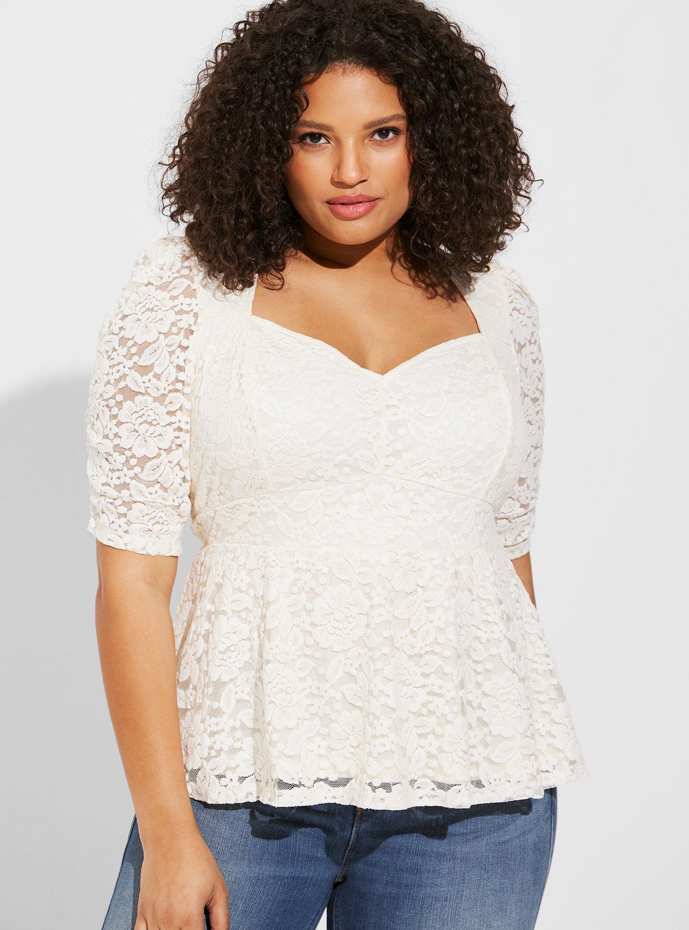 Plus Size - Stretch Lace Cinched Elbow Sleeve Peplum Top - Torrid