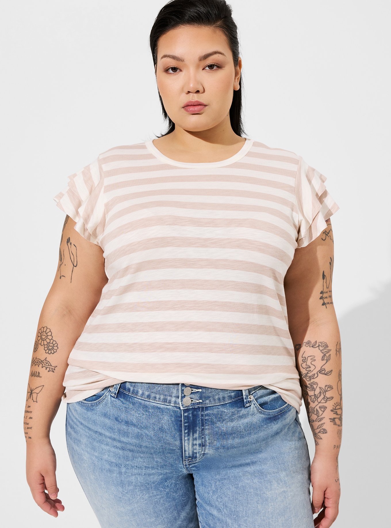 Plus Size - Super Soft Slub Crew Neck Double Ruffle Sleeve Tee - Torrid