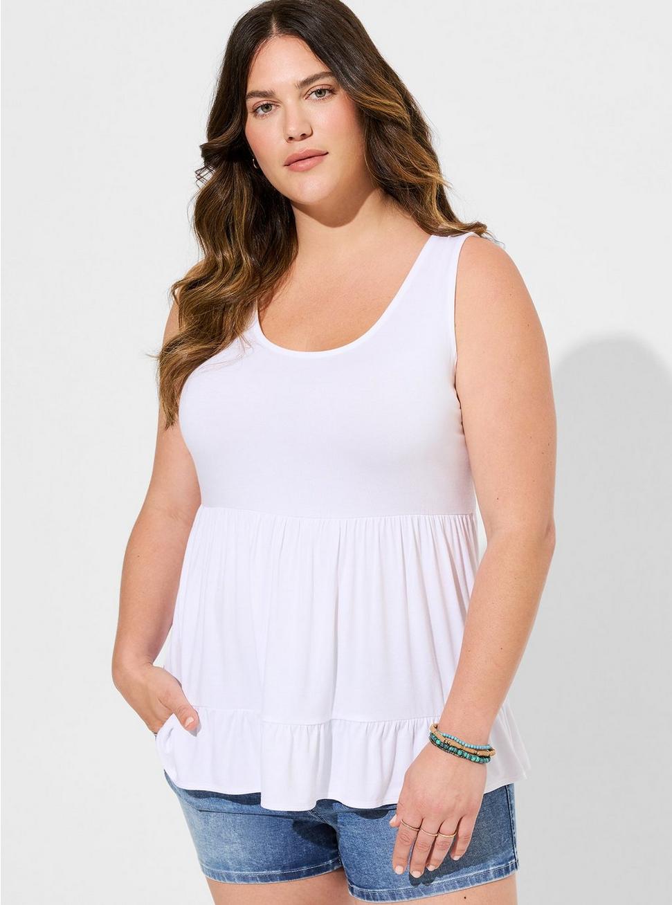 Plus Size Super Soft Lace Up Back Swing Babydoll Tank, BRIGHT WHITE, hi-res