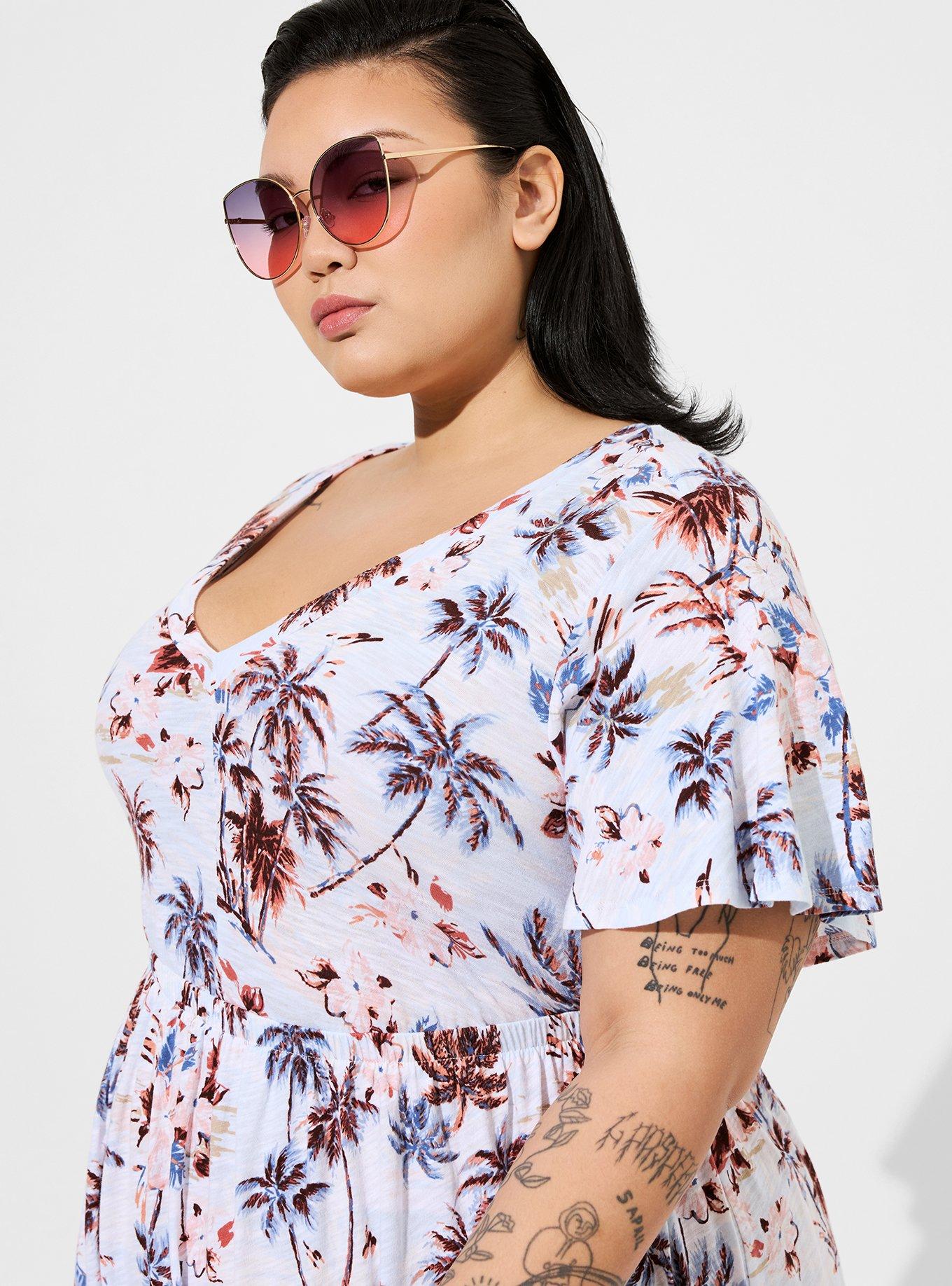 4X plus full size Palm Trees round neck long dress