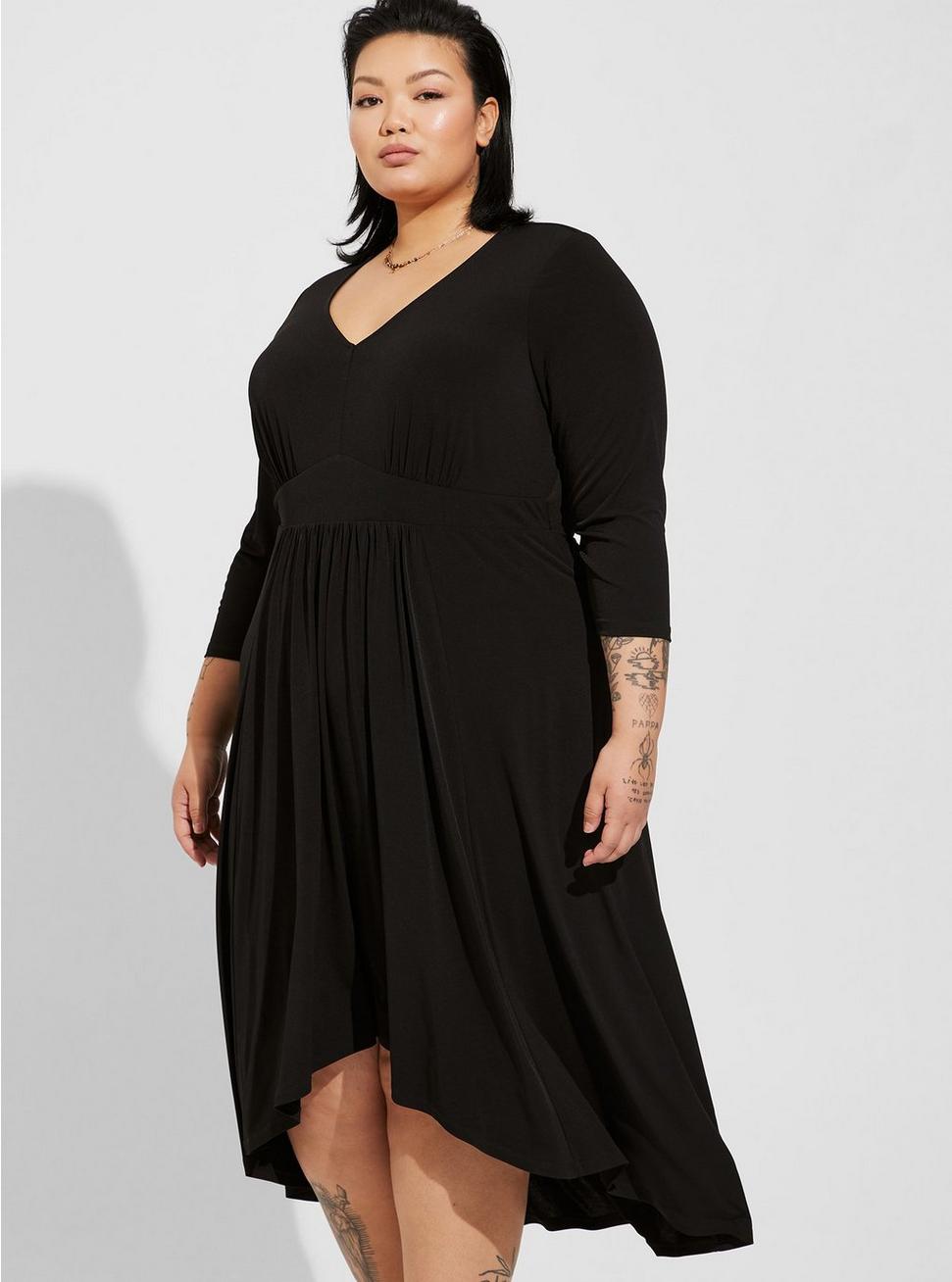 Plus Size Tea Length Studio Knit Deep V Bodycon Dress, DEEP BLACK, alternate
