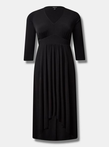 Plus Size Tea Length Studio Knit Deep V Bodycon Dress, DEEP BLACK, hi-res