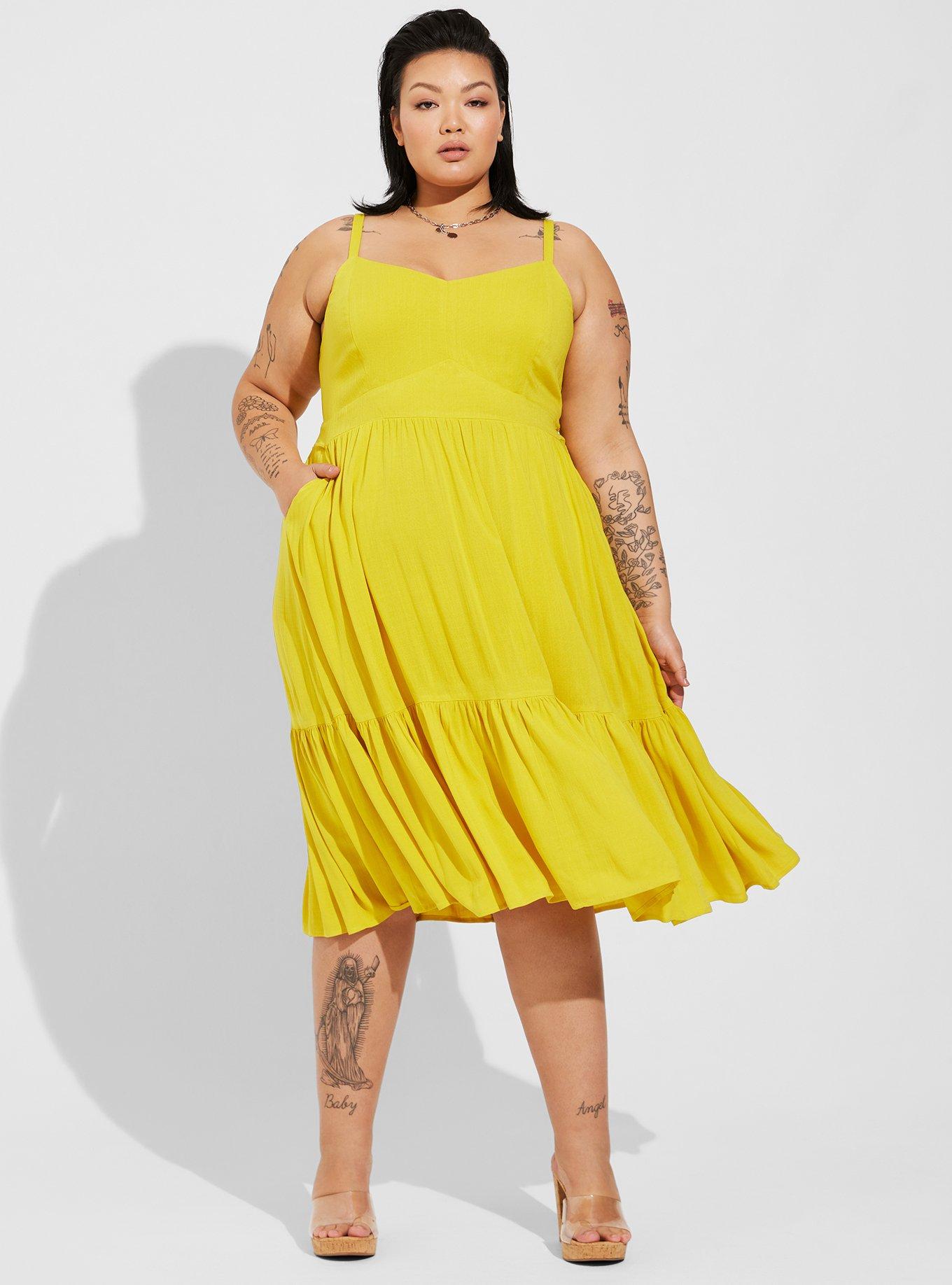 Midi Rayon Slub Tiered Dress, SULPHUR, hi-res