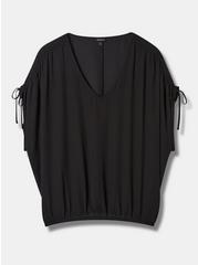 Plus Size Georgette Dolman Shirring Tie Detail Crop Blouse, DEEP BLACK, hi-res