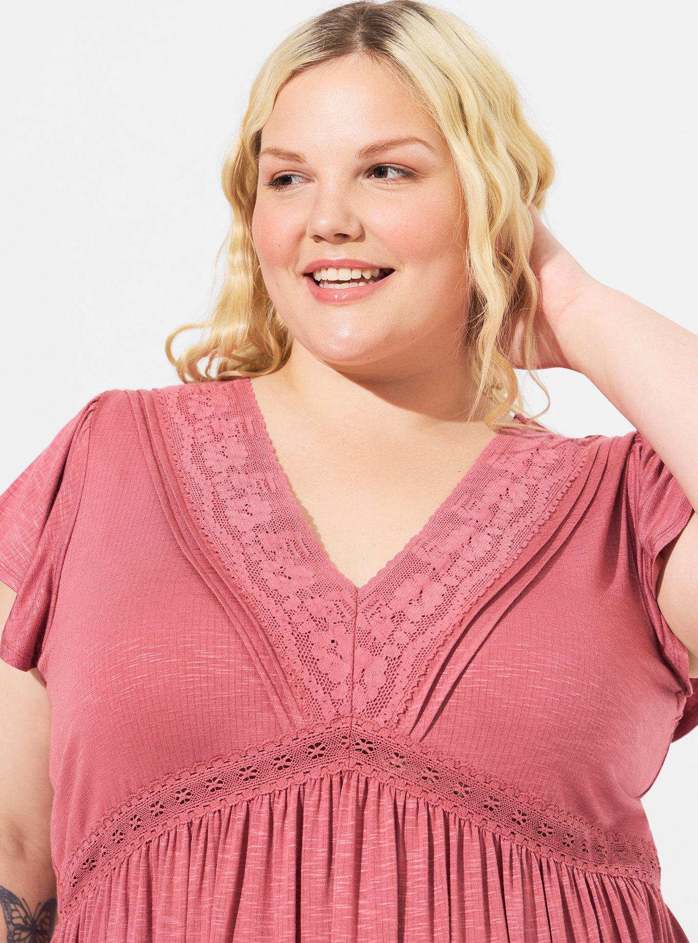 Knit V-Neck Lace Inset Babydoll Top, MAUVEWOOD PINK, alternate