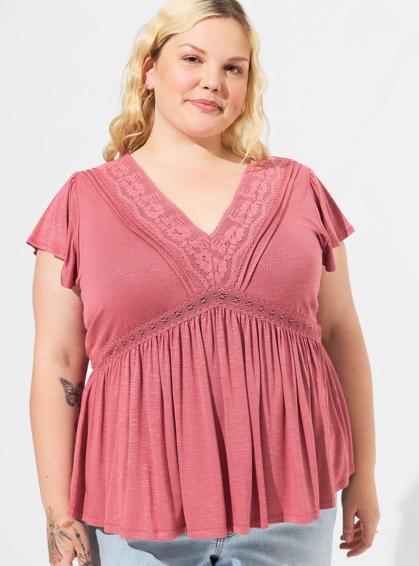 Knit V-Neck Lace Inset Babydoll Top, MAUVEWOOD PINK, hi-res
