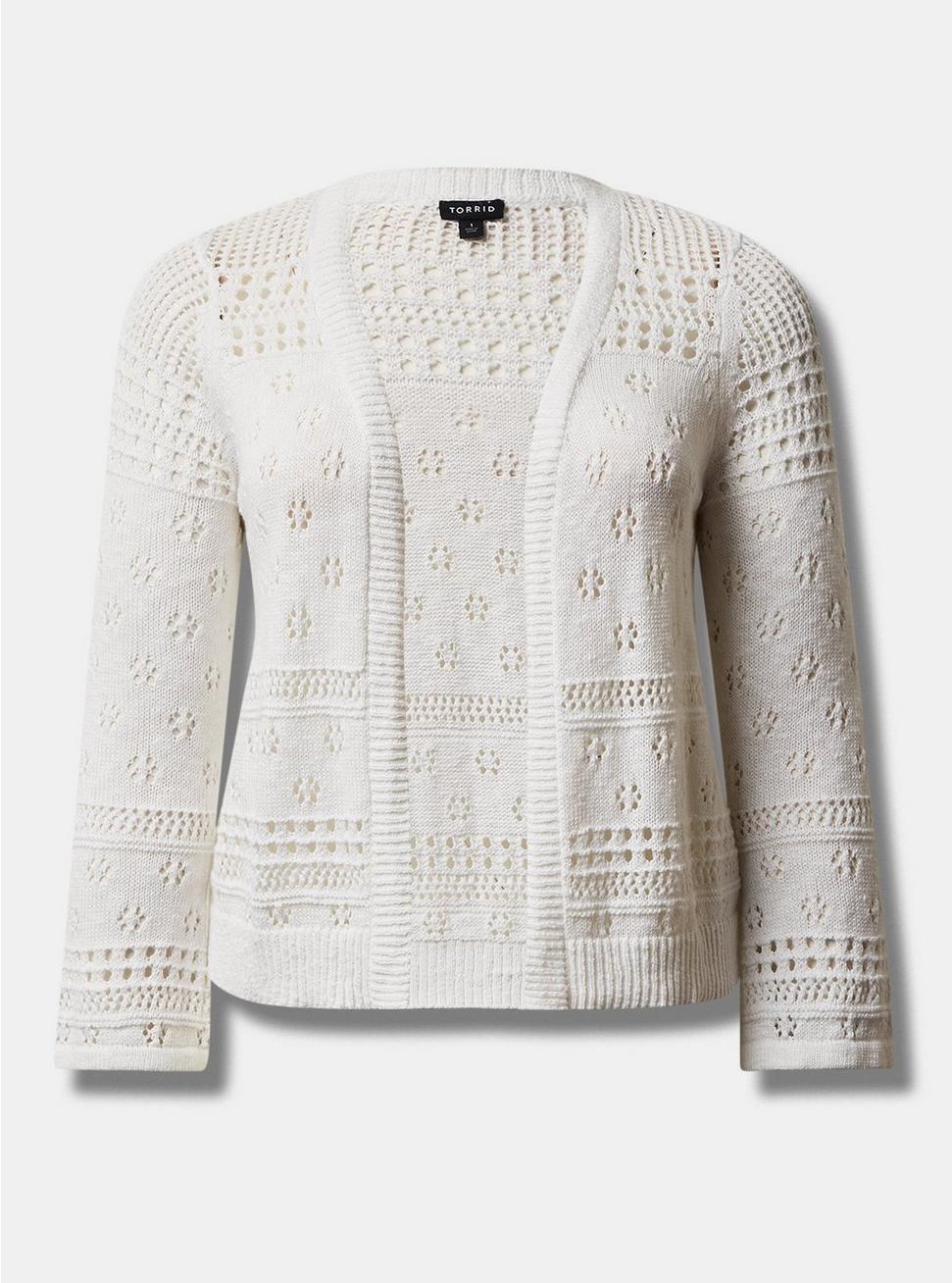 Cardigan Drop Shoulder Open Stitch Cropped Sweater, BRIGHT WHITE, hi-res