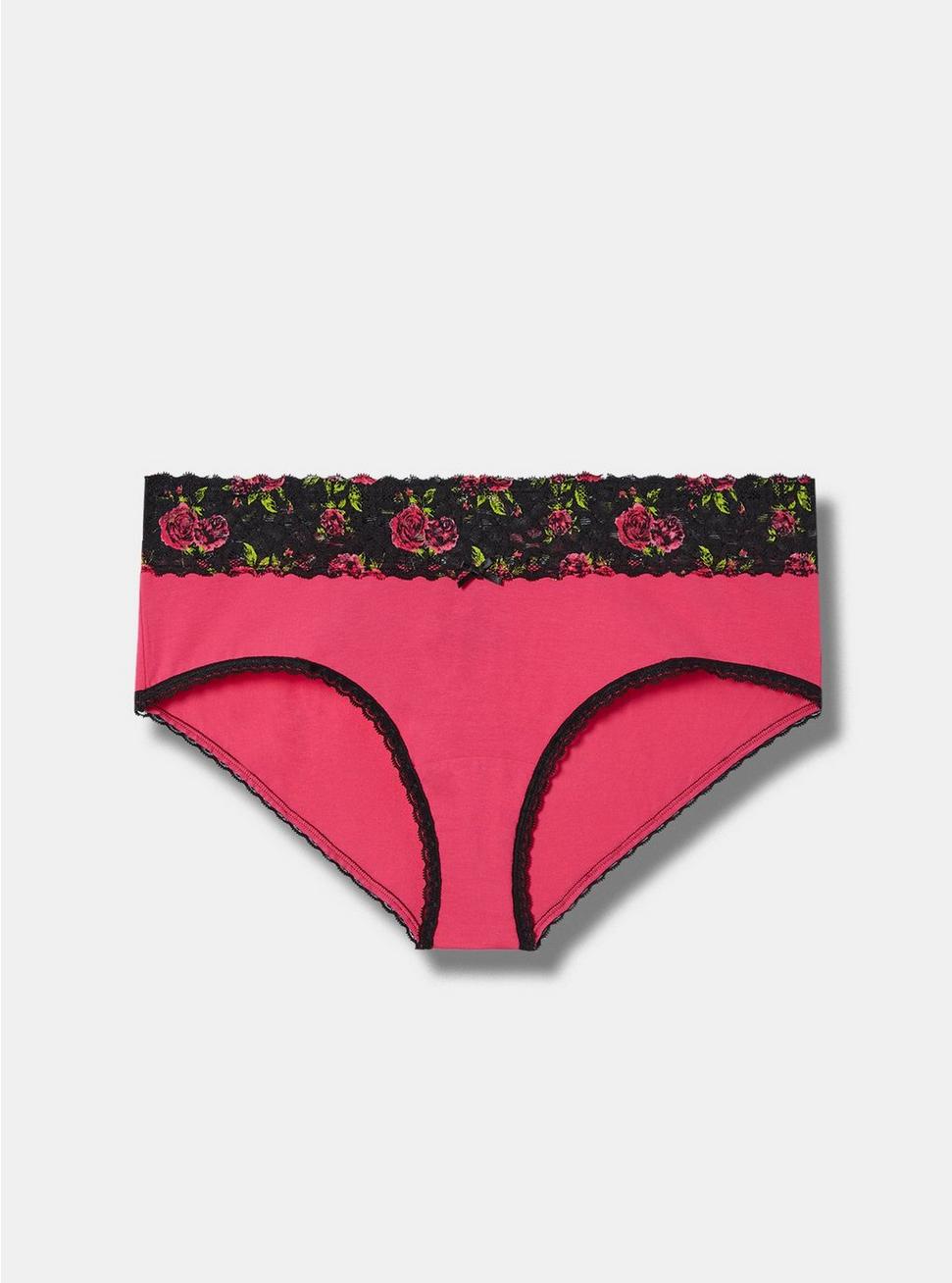 Cotton Mid Rise Cheeky Lace Panty, CABARET BRUSHED ROSES FLORAL, hi-res