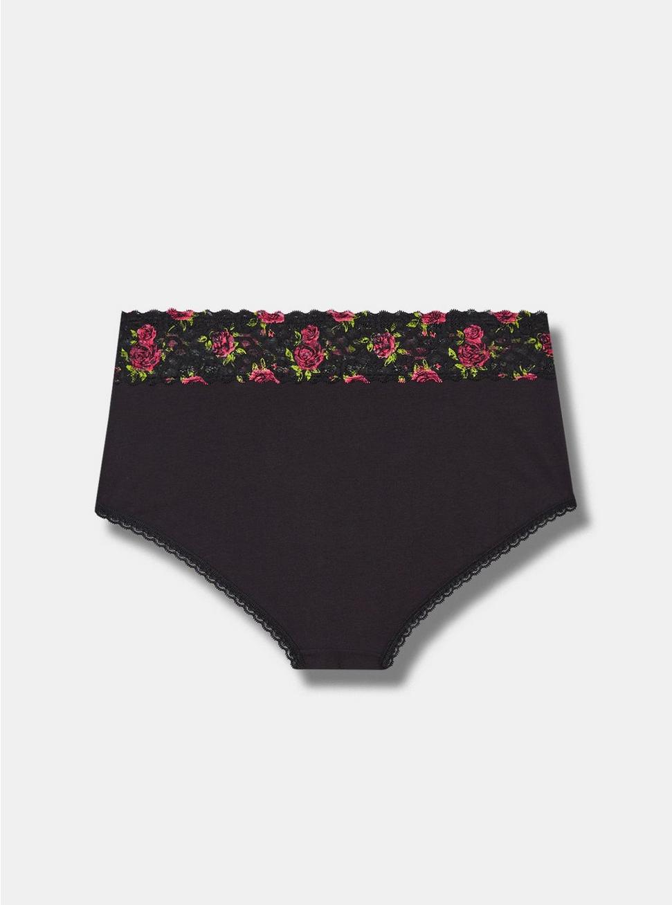 Plus Size Cotton Mid Rise Brief Lace Panty, RICH BLACK BRUSHED ROSES FLORAL, alternate