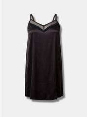 Dream Satin Lace Slit Sleep Gown, BLACK, hi-res