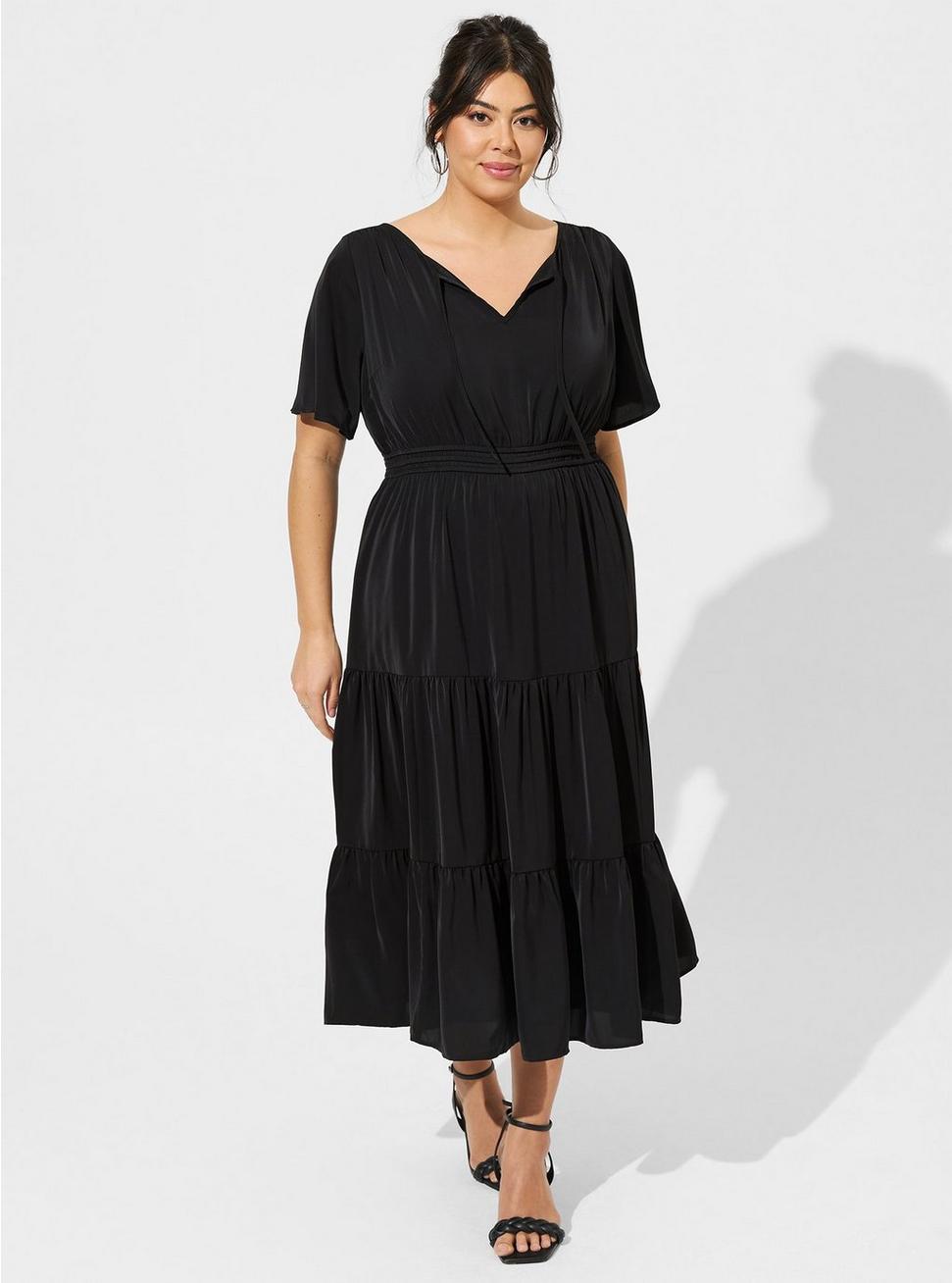 Plus Size Tea Length Studio Crepe De Chine Tie Neck Tiered Dress, DEEP BLACK, hi-res
