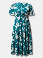 Plus Size Tea Length Studio Crepe De Chine Tie Neck Tiered Dress, SILHOUETTE SHADOW FLORAL, hi-res