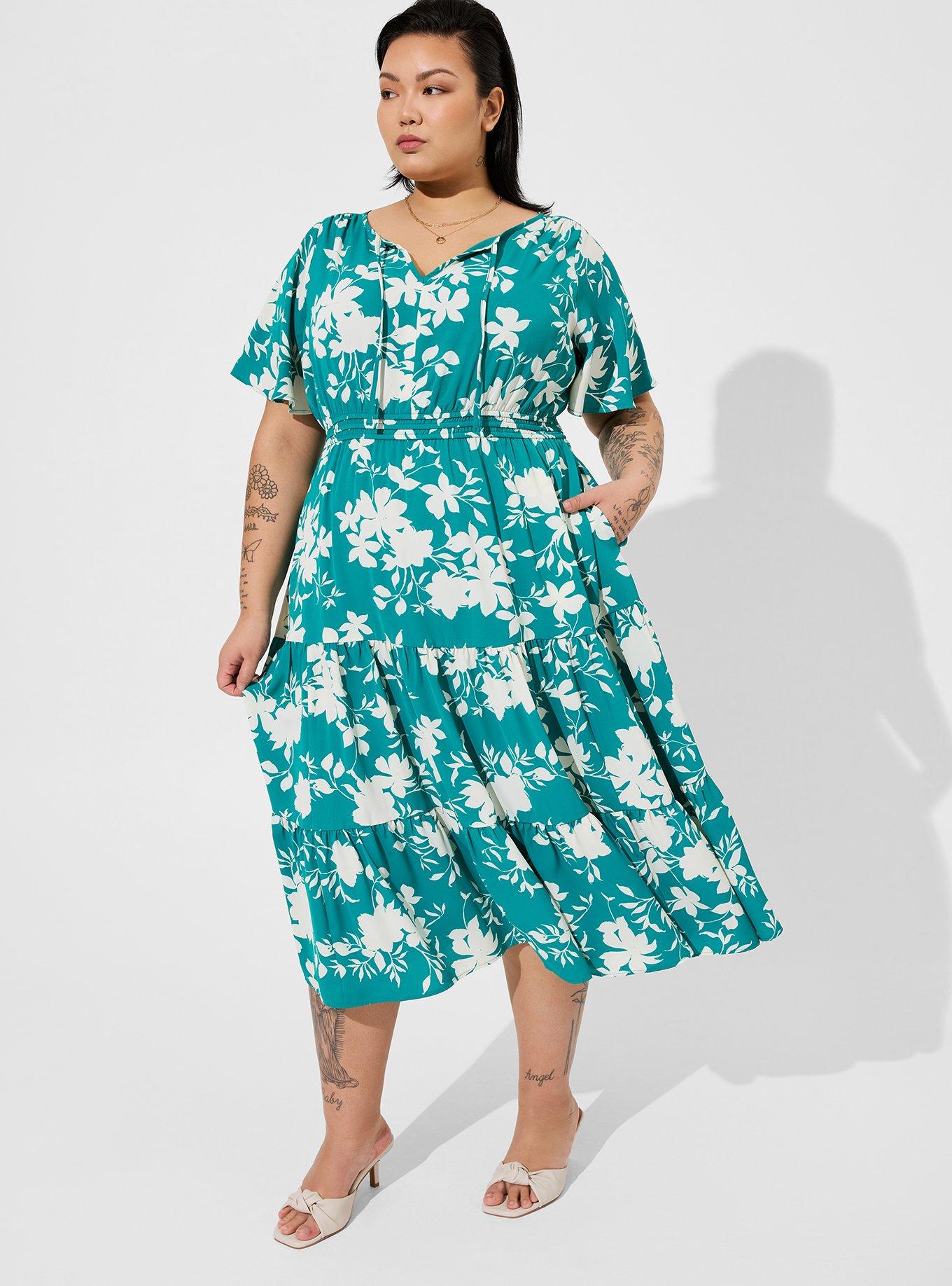 Plus Size - Tea Length Studio Crepe De Chine Tie Neck Tiered Dress - Torrid