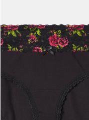 Cotton Mid Rise Hipster Lace Panty, RICH BLACK BRUSHED ROSES FLORAL, alternate