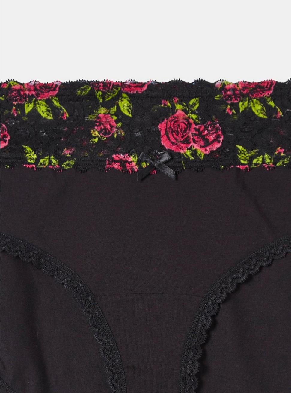 Cotton Mid Rise Hipster Lace Panty, RICH BLACK BRUSHED ROSES FLORAL, alternate