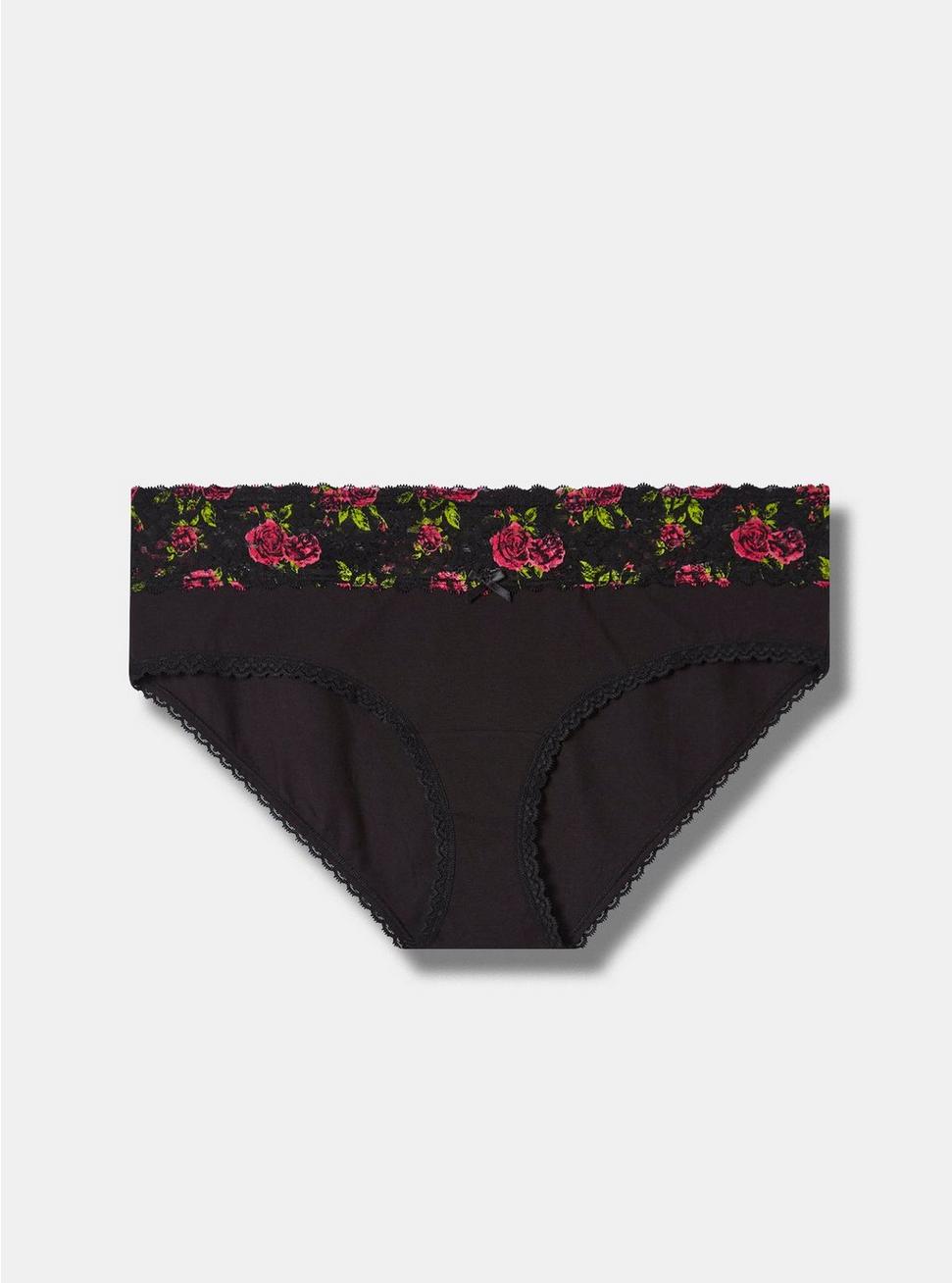 Cotton Mid Rise Hipster Lace Panty, RICH BLACK BRUSHED ROSES FLORAL, hi-res