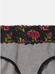 Cotton Mid Rise Hipster Lace Panty, HEATHER GREY BRUSHED ROSES FLORAL, alternate