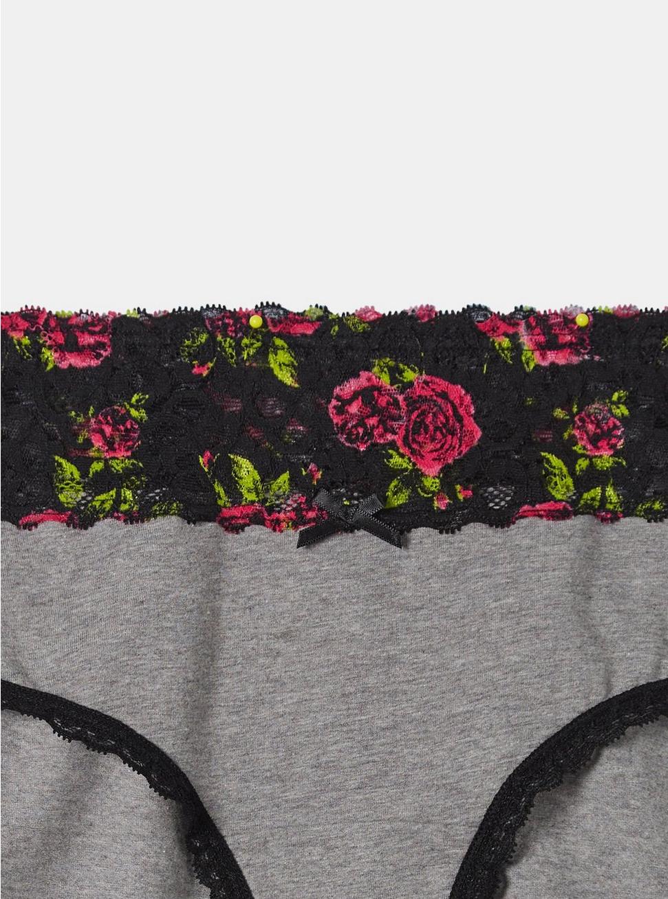 Cotton Mid Rise Hipster Lace Panty, HEATHER GREY BRUSHED ROSES FLORAL, alternate