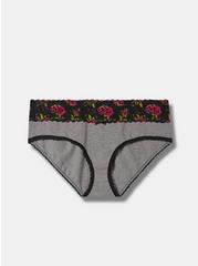 Cotton Mid Rise Hipster Lace Panty, HEATHER GREY BRUSHED ROSES FLORAL, hi-res