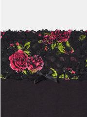 Cotton Mid Rise Thong Lace Panty, RICH BLACK BRUSHED ROSES FLORAL, alternate