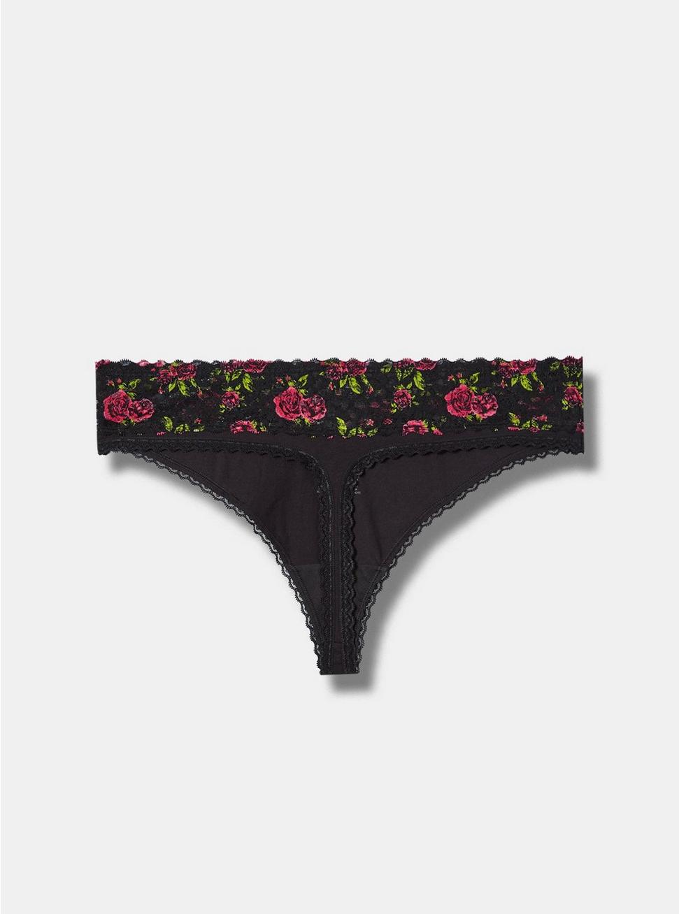 Plus Size Cotton Mid Rise Thong Lace Panty, RICH BLACK BRUSHED ROSES FLORAL, alternate