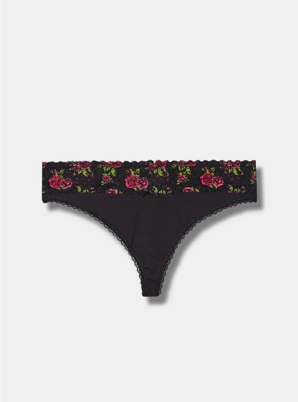 Cotton Mid Rise Thong Lace Panty, RICH BLACK BRUSHED ROSES FLORAL, hi-res