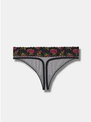 Cotton Mid Rise Thong Lace Panty, HEATHER GREY BRUSHED ROSES FLORAL, alternate