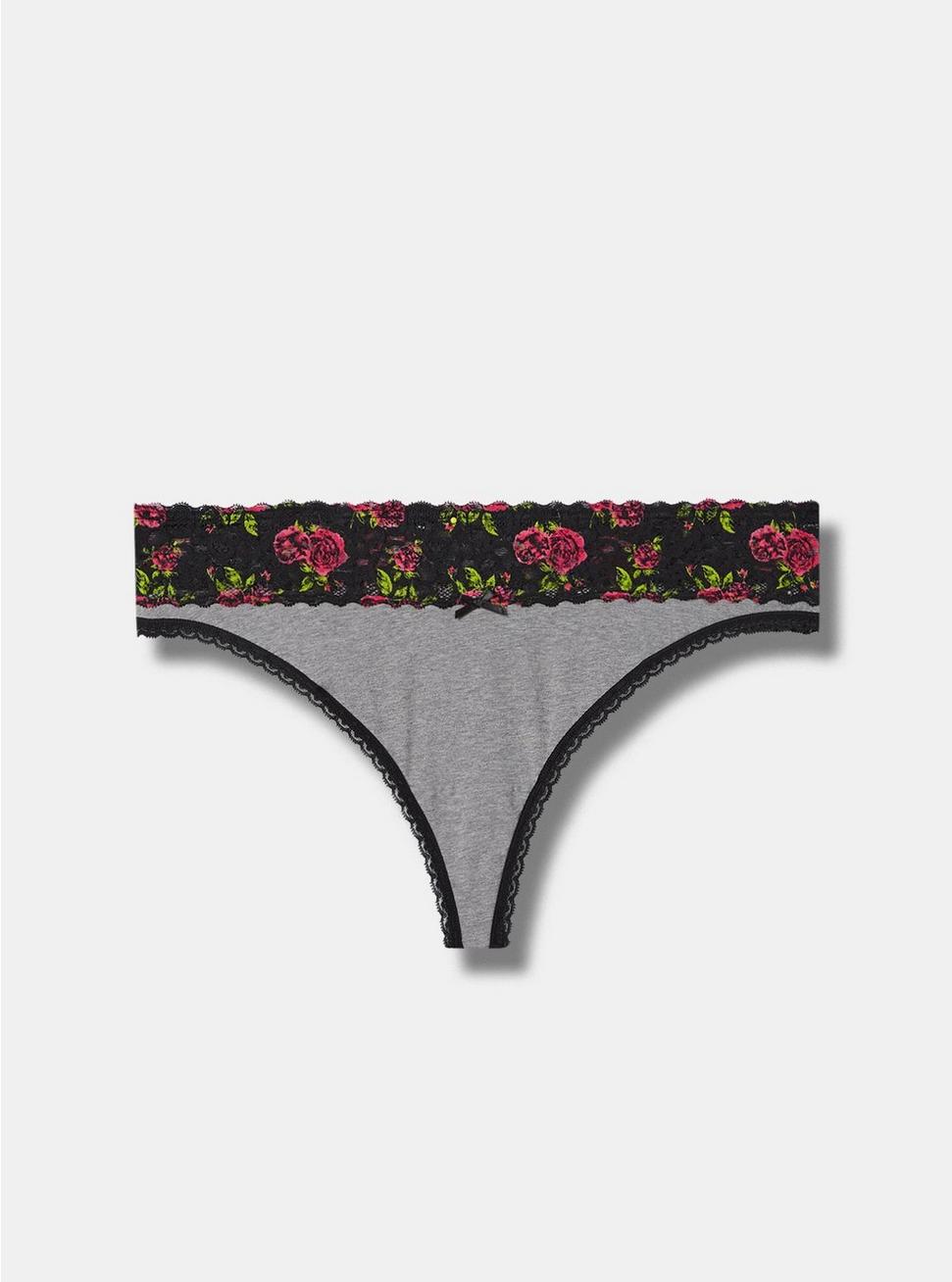 Cotton Mid Rise Thong Lace Panty, HEATHER GREY BRUSHED ROSES FLORAL, hi-res