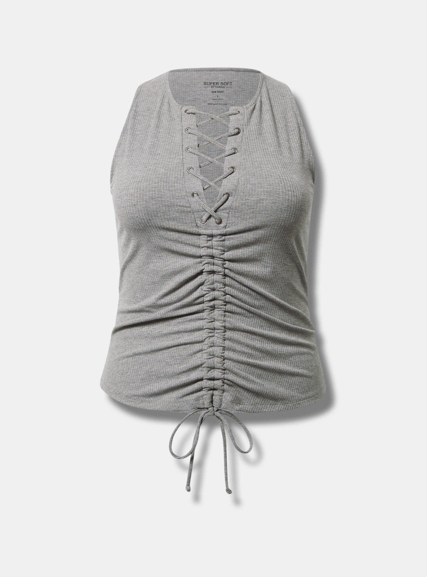 Plus Size - Fitted Super Soft Rib Lace Up Ruched Tie Front Plus Size - Fitted Super Soft Rib Lace Up Ruched Tie Front