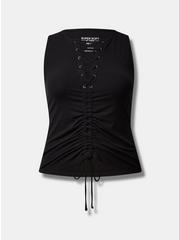 Fitted Super Soft Rib Lace Up Ruched Tie Front Crop Tank, DEEP BLACK, hi-res
